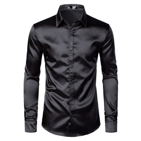 Men's black satin dress shirt by Ancient Energy, featuring a sleek, smooth fabric and classic collar style.