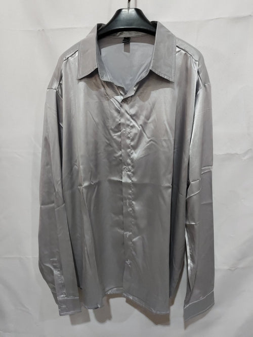 Mens black satin dress shirt by Ancient Energy, tailored fit with a sleek, smooth fabric and classic collar design.