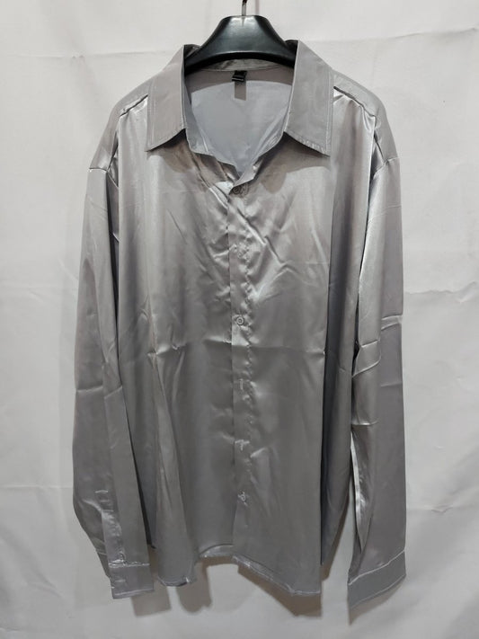 Mens black satin dress shirt by Ancient Energy, tailored fit with a sleek, smooth fabric and classic collar design.
