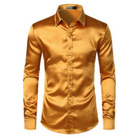 Men's black satin dress shirt by Ancient Energy, featuring a smooth, shiny fabric and classic collar.