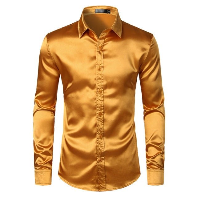 Men's black satin dress shirt by Ancient Energy, featuring a smooth, shiny fabric and classic collar.