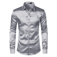 Men's black satin dress shirt by Ancient Energy, shown flat with collar and long sleeves, stylish and smooth fabric.