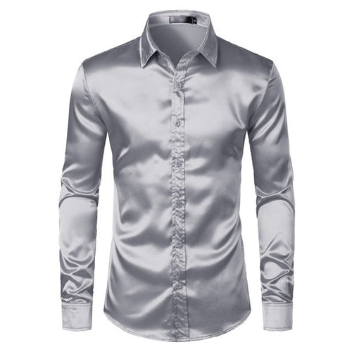 Men's black satin dress shirt by Ancient Energy, shown flat with collar and long sleeves, stylish and smooth fabric.