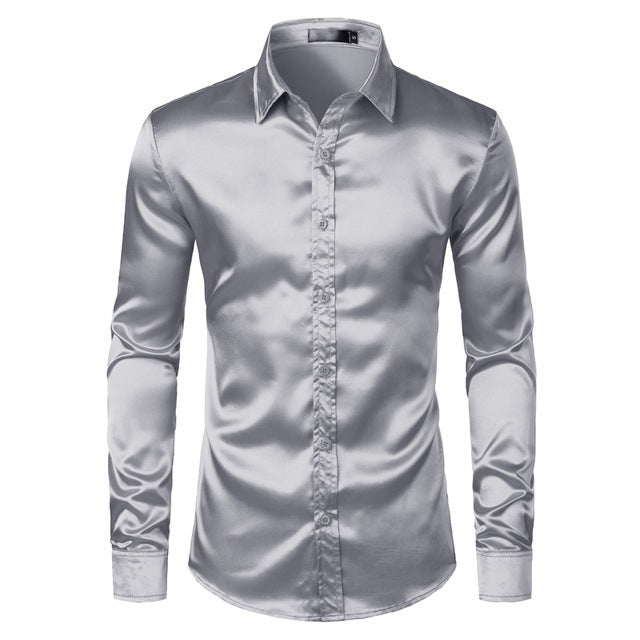 Men's black satin dress shirt by Ancient Energy, shown flat with collar and long sleeves, stylish and smooth fabric.