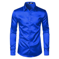 Men's black satin dress shirt by Ancient Energy, featuring a sleek, smooth fabric and classic collar for formal wear.