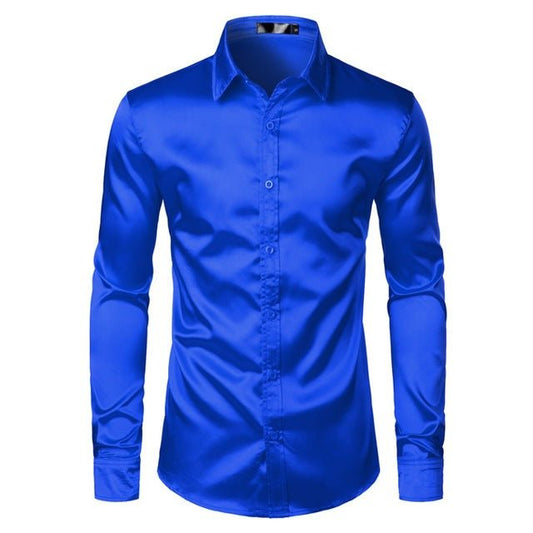 Men's black satin dress shirt by Ancient Energy, featuring a sleek, smooth fabric and classic collar for formal wear.