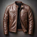 Men's black PU leather motorcycle jacket with stand-up collar by Ancient Energy, featuring a sleek, fitted design and zipper details.