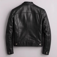 Men's black PU leather motorcycle jacket with stand-up collar from Ancient Energy, featuring a sleek, fitted design and zippered pockets.