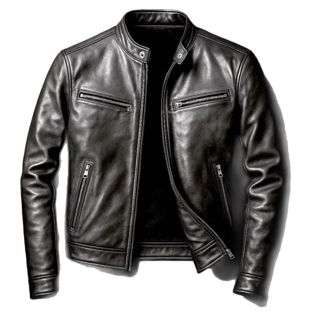Men's black PU leather motorcycle jacket with stand-up collar by Ancient Energy, featuring a sleek, fitted design and zipper details.