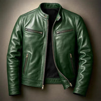 Men's black PU leather motorcycle jacket with stand-up collar, stylish and durable, by Ancient Energy.