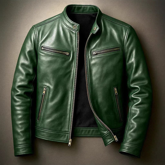 Men's black PU leather motorcycle jacket with stand-up collar, stylish and durable, by Ancient Energy.