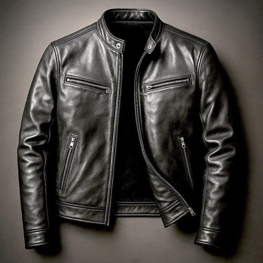 Men's black PU leather motorcycle jacket with stand-up collar by Ancient Energy, featuring a stylish and rugged design.
