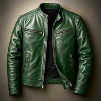 Men's black PU leather motorcycle jacket with stand-up collar by Ancient Energy, featuring a classic style and sleek design.