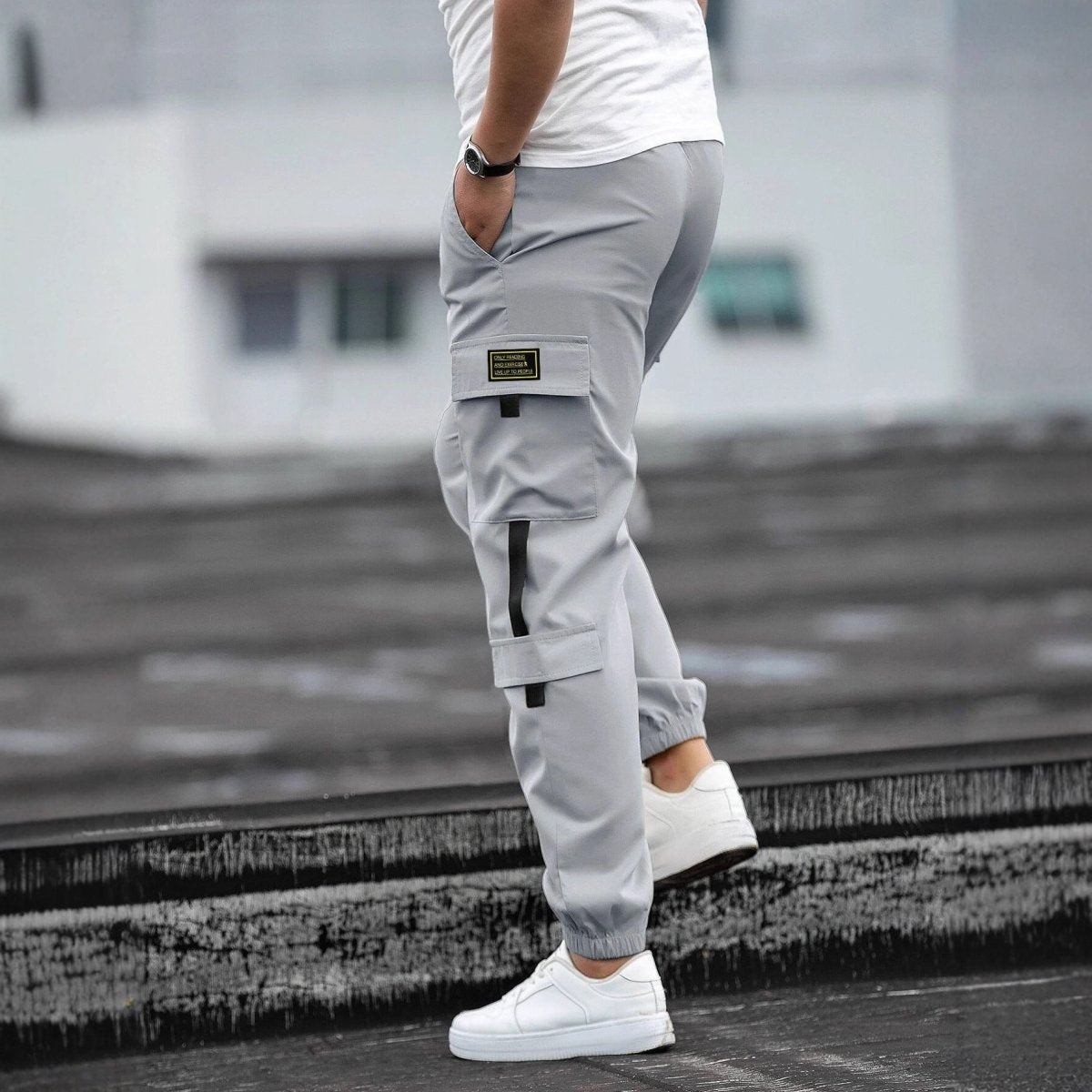 Mens retro jogger casual work pants by Ancient Energy, featuring a relaxed fit with tapered legs and adjustable waistband.