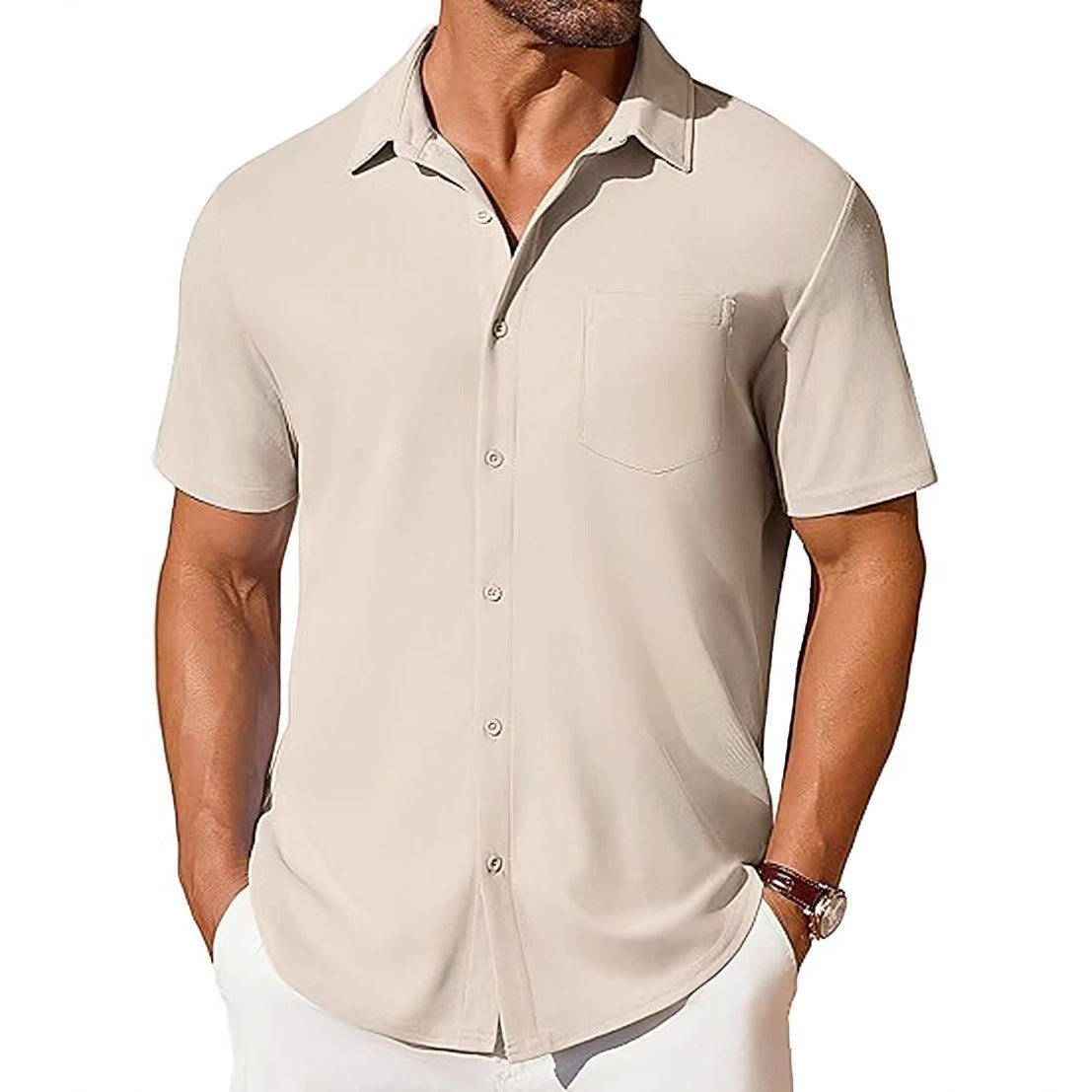 Men's short-sleeve button-up shirt by Ancient Energy with a wrinkle- and crease-resistant fabric, shown in a casual fit.