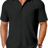 Men's short-sleeve button-up shirt by Ancient Energy with wrinkle- and crease-resistant fabric, shown in a casual fit.