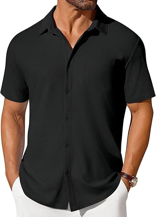 Men's short-sleeve button-up shirt by Ancient Energy with wrinkle- and crease-resistant fabric, shown in a casual fit.