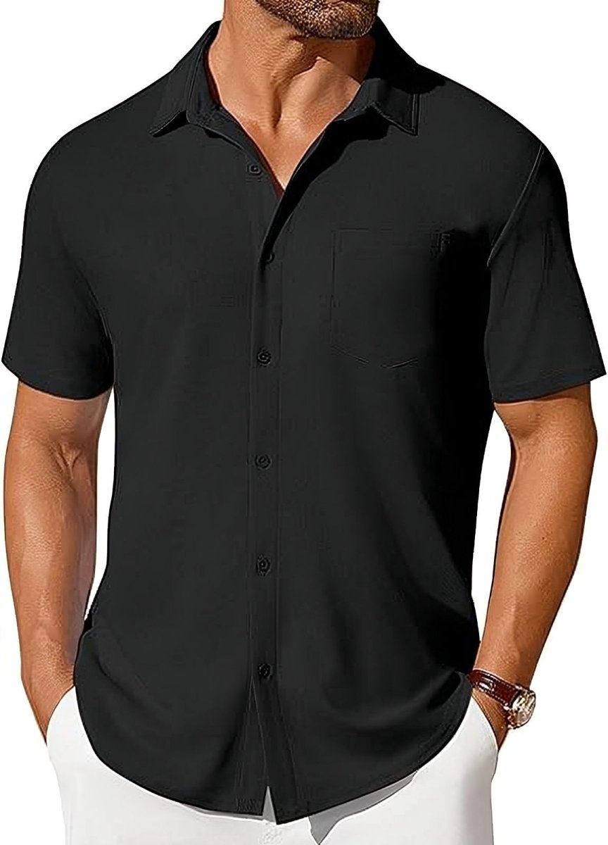 Men's short-sleeve button-up shirt by Ancient Energy with wrinkle- and crease-resistant fabric, shown in a casual fit.