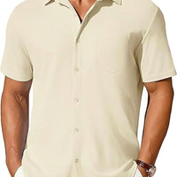 Mens short-sleeve button-up shirt by Ancient Energy, wrinkle- and crease-resistant fabric, in a casual style.