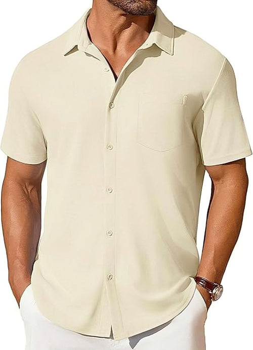 Mens short-sleeve button-up shirt by Ancient Energy, wrinkle- and crease-resistant fabric, in a casual style.