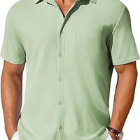 Men's short-sleeve button-up shirt by Ancient Energy, wrinkle and crease-resistant fabric, shown in a casual fit with collar and buttons.