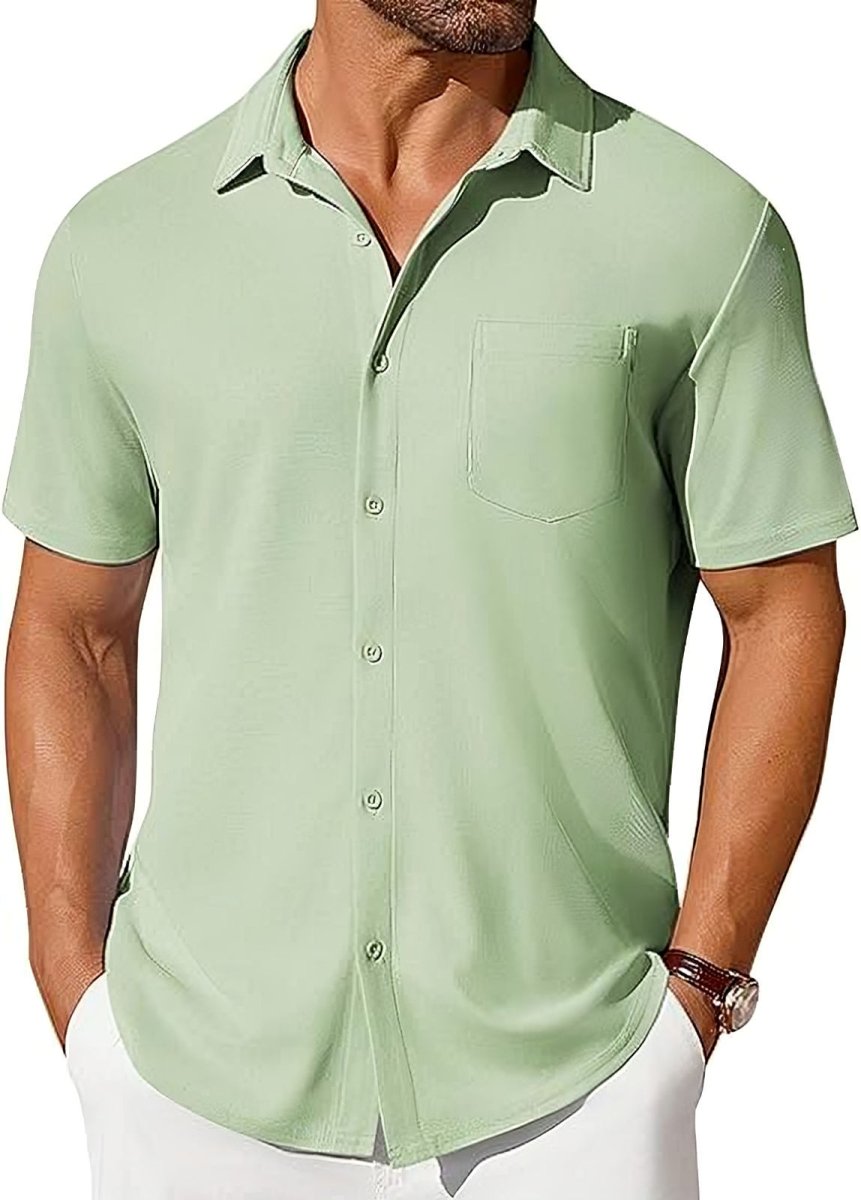 Men's short-sleeve button-up shirt by Ancient Energy, wrinkle and crease-resistant fabric, shown in a casual fit with collar and buttons.