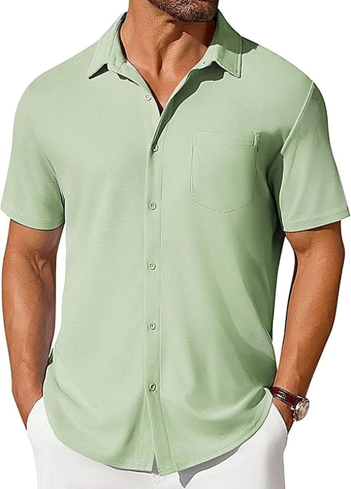 Men's short-sleeve button-up shirt by Ancient Energy, wrinkle and crease-resistant fabric, shown in a casual fit with collar and buttons.