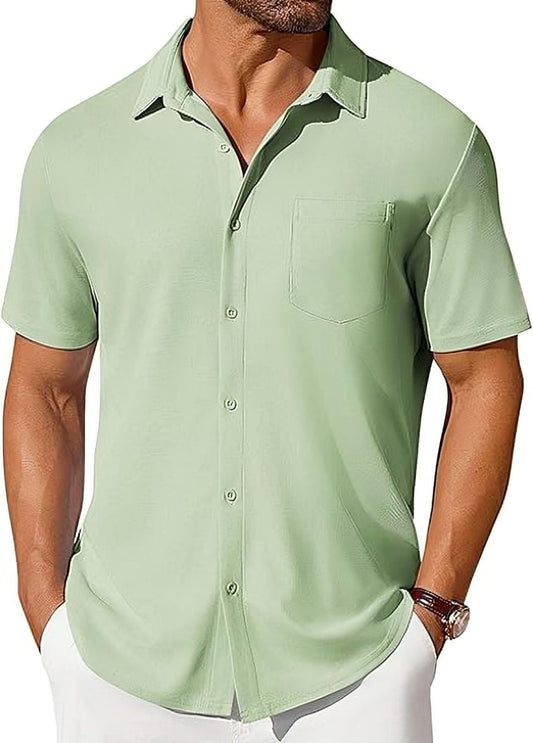 Men's short-sleeve button-up shirt by Ancient Energy, wrinkle and crease-resistant fabric, shown in a casual fit with collar and buttons.