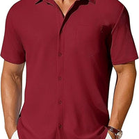 Men's short-sleeve button-up shirt by Ancient Energy, wrinkle- and crease-resistant fabric, shown in a casual fit.