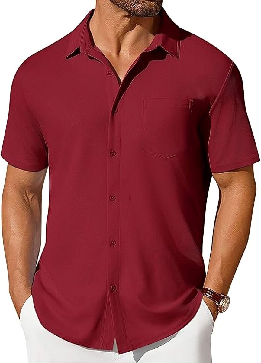 Men's short-sleeve button-up shirt by Ancient Energy, wrinkle- and crease-resistant fabric, shown in a casual fit.