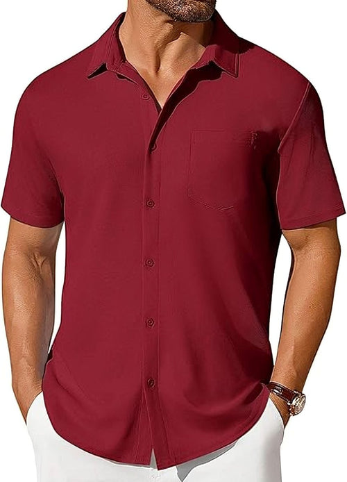 Men's short-sleeve button-up shirt by Ancient Energy, wrinkle- and crease-resistant fabric, shown in a casual fit.
