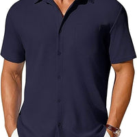 Men's short-sleeve button-up shirt by Ancient Energy, wrinkle- and crease-resistant fabric, shown in a casual fit.