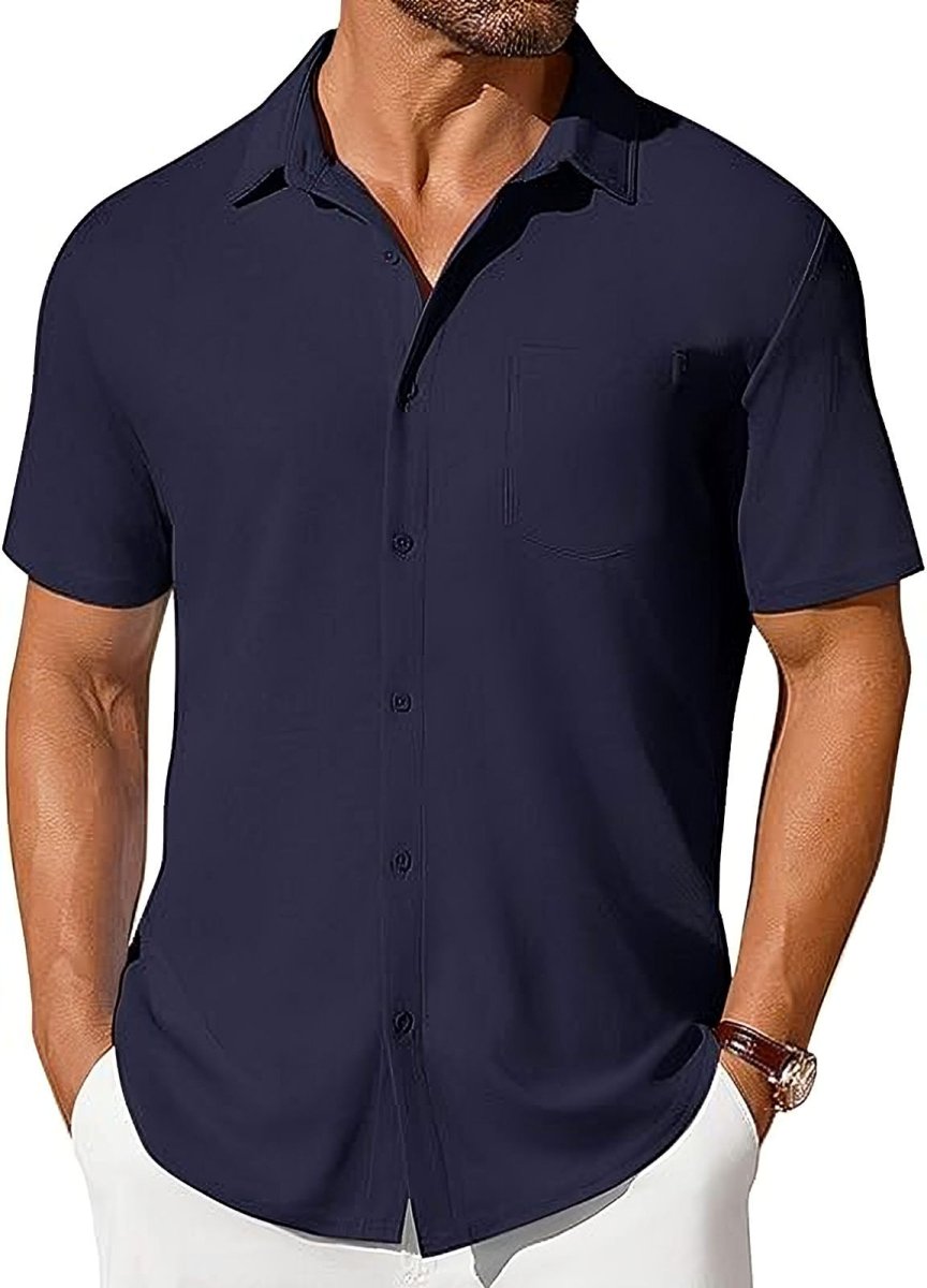 Men's short-sleeve button-up shirt by Ancient Energy, wrinkle- and crease-resistant fabric, shown in a casual fit.