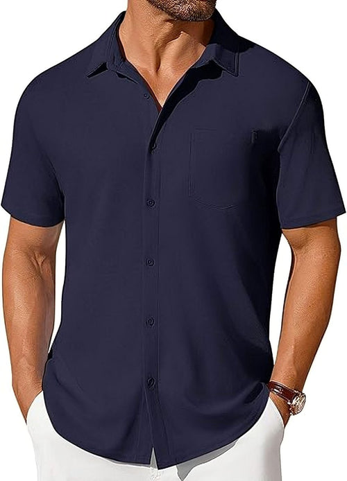 Men's short-sleeve button-up shirt by Ancient Energy, wrinkle- and crease-resistant fabric, shown in a casual fit.