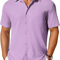 Men's short-sleeve button-up shirt by Ancient Energy, wrinkle- and crease-resistant fabric, shown in a casual fit.