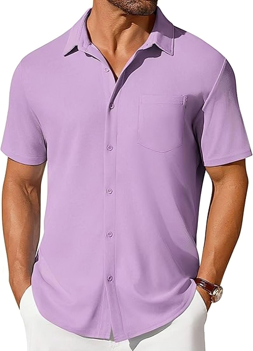 Men's short-sleeve button-up shirt by Ancient Energy, wrinkle- and crease-resistant fabric, shown in a casual fit.