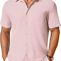 Men's short-sleeve button-up shirt by Ancient Energy, featuring wrinkle- and crease-resistant fabric, shown in a casual style.