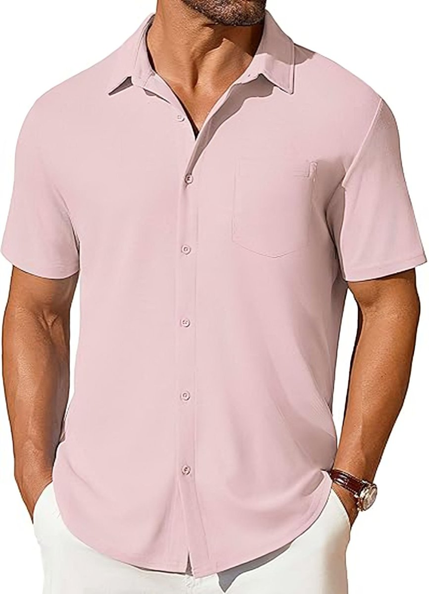 Men's short-sleeve button-up shirt by Ancient Energy, featuring wrinkle- and crease-resistant fabric, shown in a casual style.