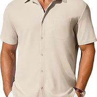 Men's short-sleeve button-up shirt by Ancient Energy, wrinkle- and crease-resistant fabric, displayed on a hanger.