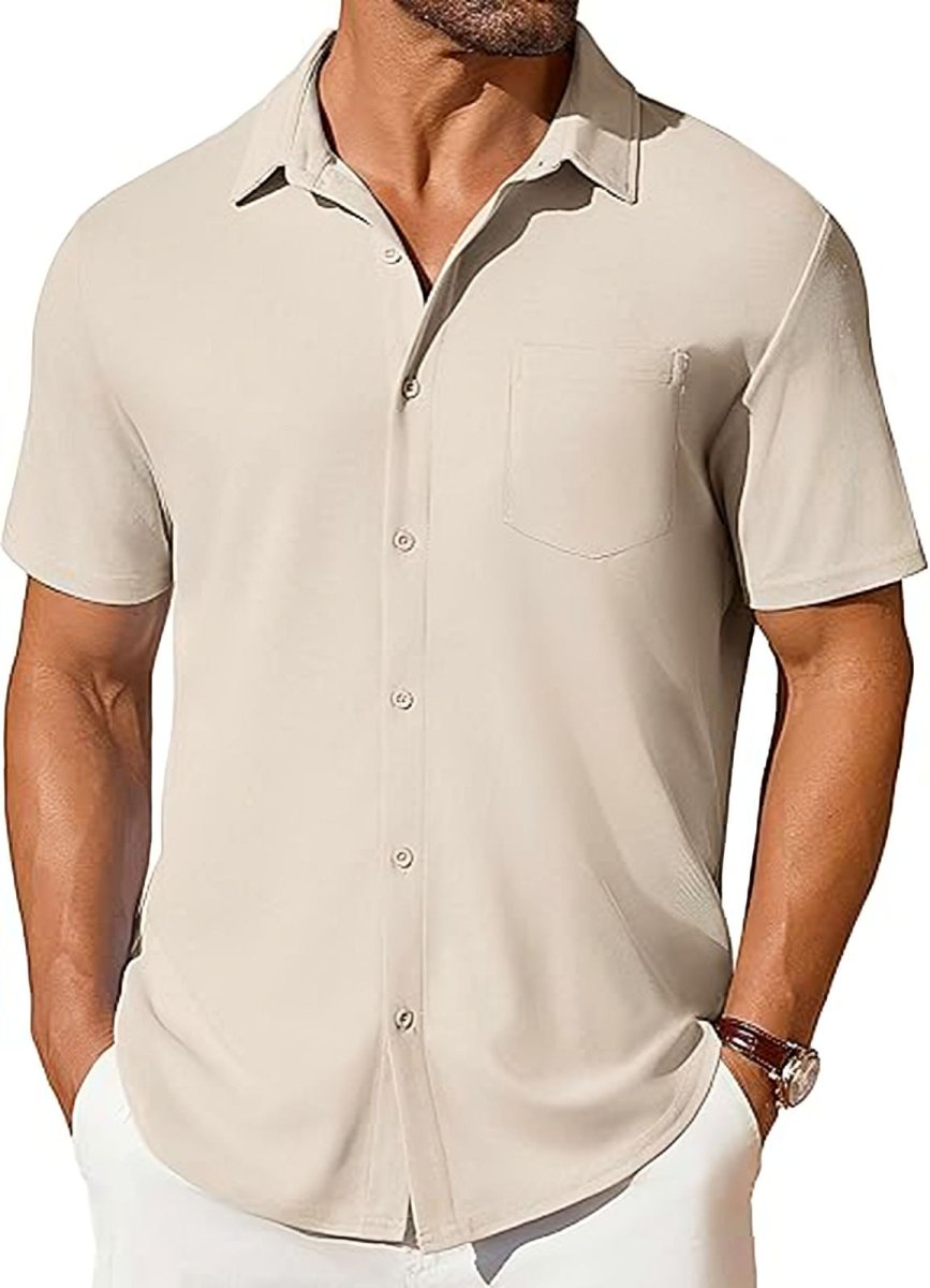 Men's short-sleeve button-up shirt by Ancient Energy, wrinkle- and crease-resistant fabric, displayed on a hanger.