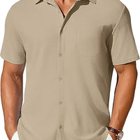 Men's short-sleeve button-up shirt by Ancient Energy, wrinkle- and crease-resistant, shown in a casual fit.