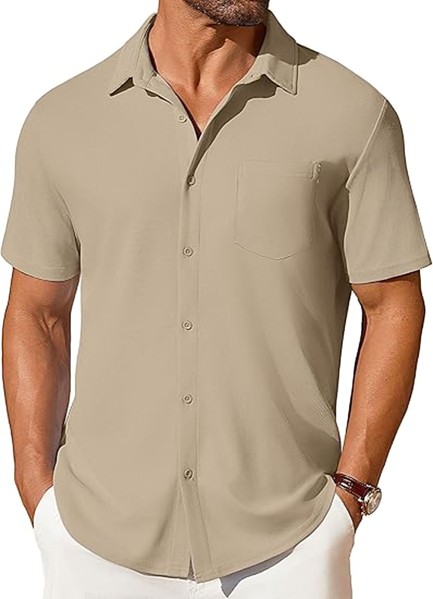 Men's short-sleeve button-up shirt by Ancient Energy, wrinkle- and crease-resistant, shown in a casual fit.