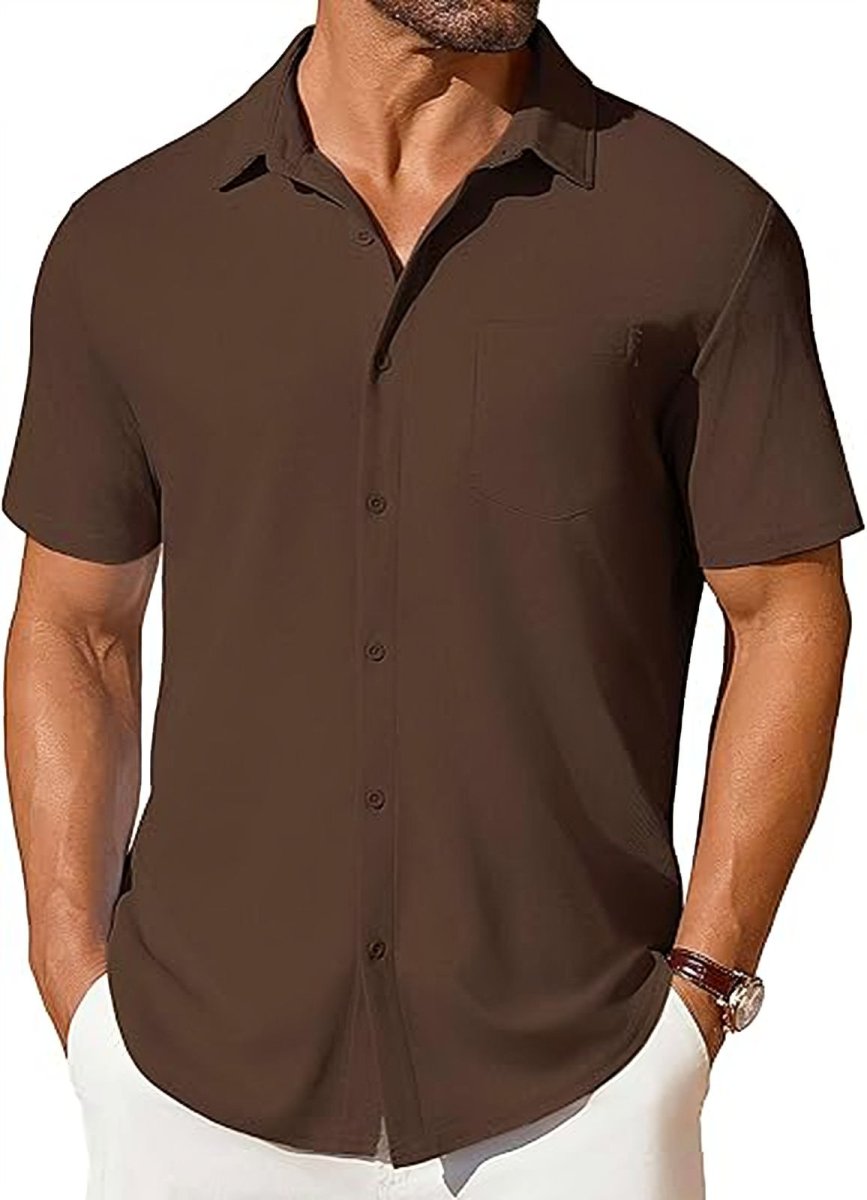 Men's short-sleeve button-up shirt by Ancient Energy, wrinkle- and crease-resistant fabric, shown in a casual fit with a collar.