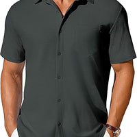 Men's short-sleeve button-up shirt by Ancient Energy, wrinkle and crease-resistant, shown in a casual fit.
