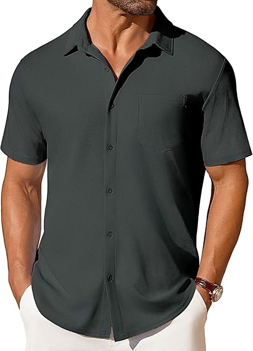 Men's short-sleeve button-up shirt by Ancient Energy, wrinkle and crease-resistant, shown in a casual fit.
