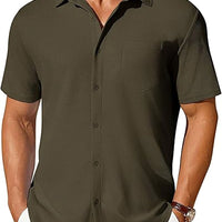 Men's short-sleeve button-up shirt by Ancient Energy, wrinkle- and crease-resistant, shown in a casual style.