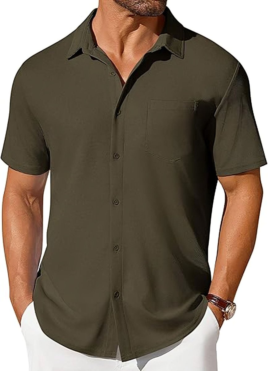 Men's short-sleeve button-up shirt by Ancient Energy, wrinkle- and crease-resistant, shown in a casual style.