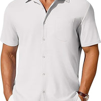 Men's short-sleeve button-up shirt by Ancient Energy, wrinkle- and crease-resistant, shown in a casual fit and fabric.