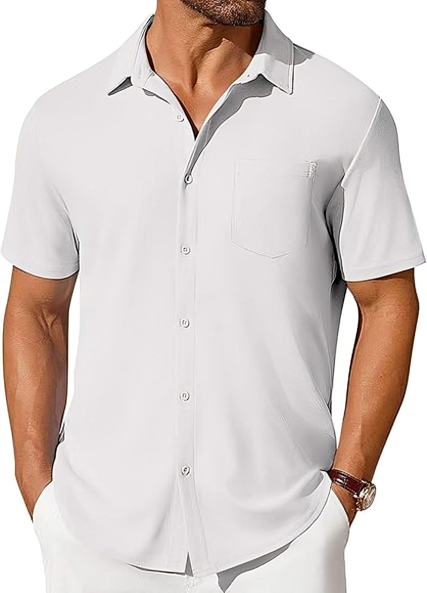 Men's short-sleeve button-up shirt by Ancient Energy, wrinkle- and crease-resistant, shown in a casual fit and fabric.