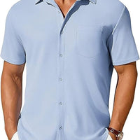 Men's short-sleeve button-up shirt by Ancient Energy, wrinkle- and crease-resistant fabric, shown in a casual fit.